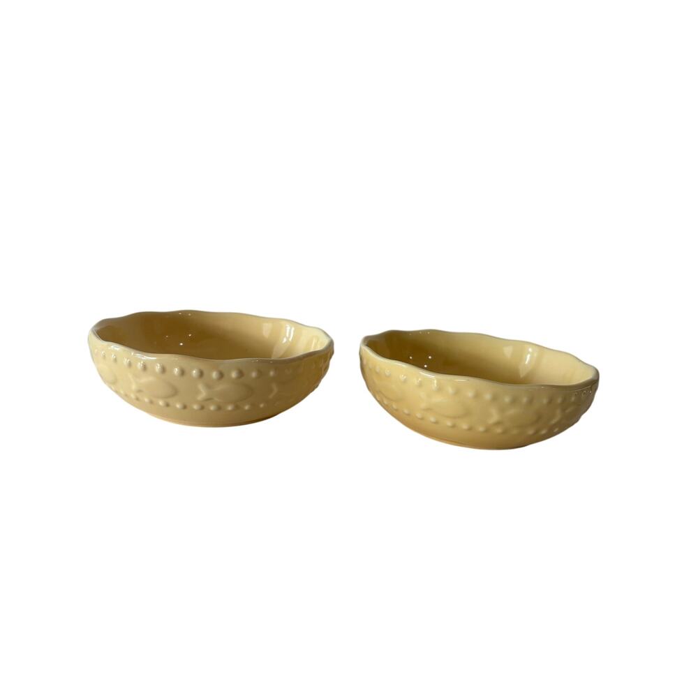 Whisker City Yellow Ceramic Cat Food Water Bowls Fish Design Set of 2